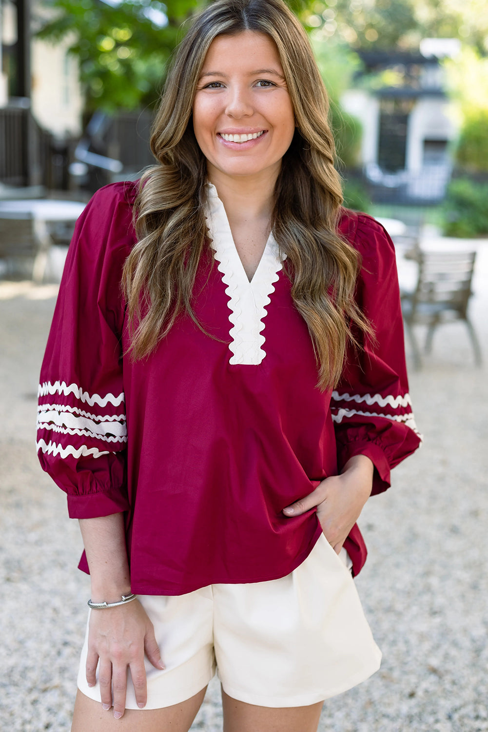 Red Dahlia Contrasted V Neck Ricrac Trim Puff Sleeve Blouse