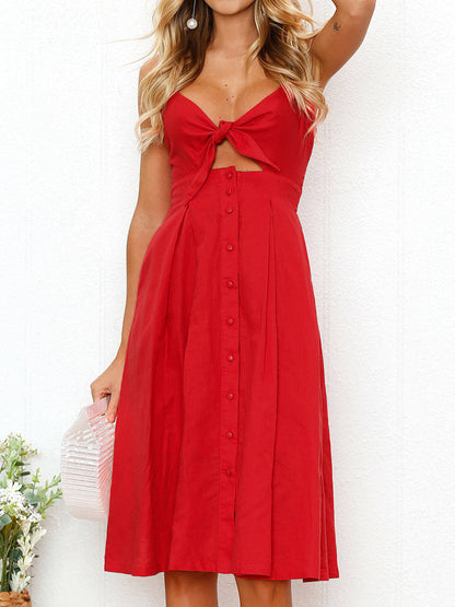 Floral V Neck Tie Spaghetti Strap Beach Midi Dress