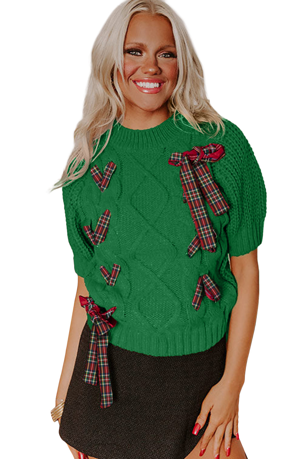 Bright Green Plaid Lace up Detail Christmas Holiday Puff Short Sleeve Sweater