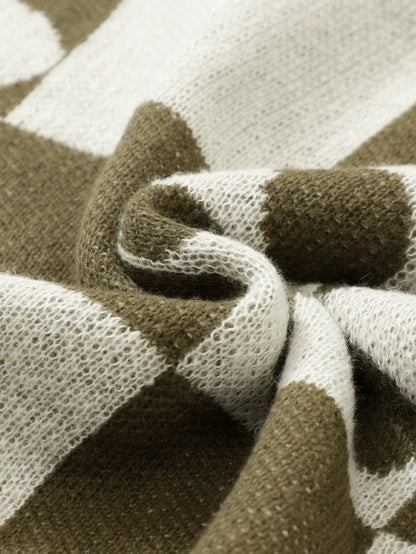 Green Checkered Floral and Striped Sleeve Sweater with Round Neck