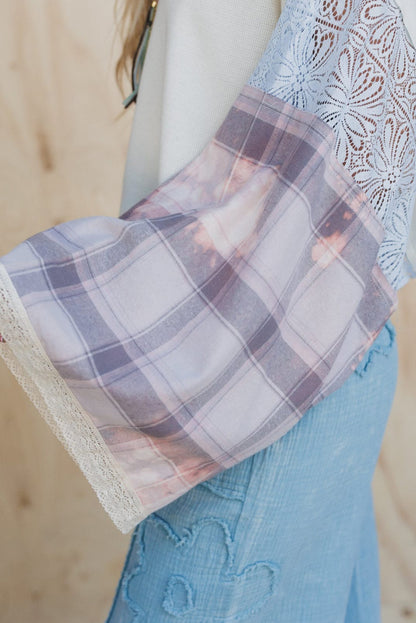 White Peace Sign Plaid Lace Patchwork Loose Long Sleeve Cropped Top