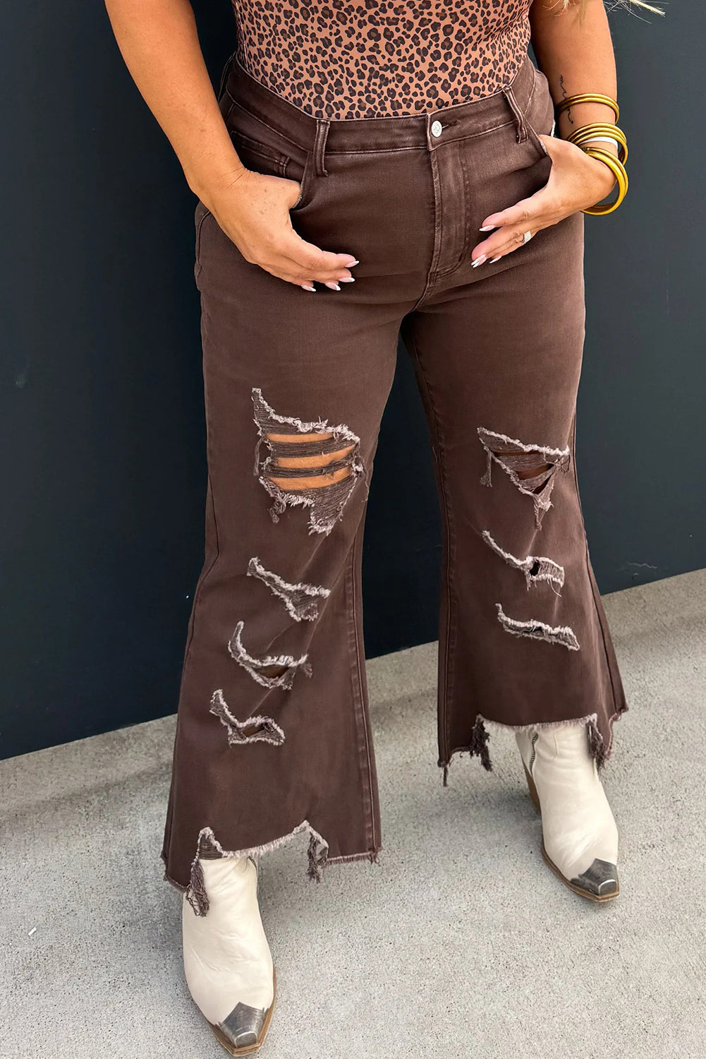 Coffee Asymmetric Distressed Raw Hem Cowgirl Jeans