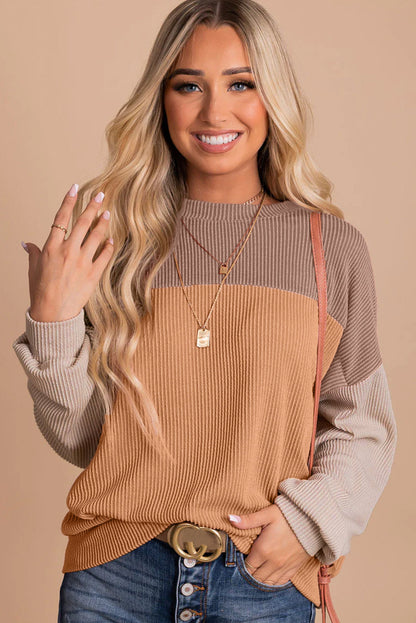 Khaki Color Block Ribbed Top with Long Sleeves
