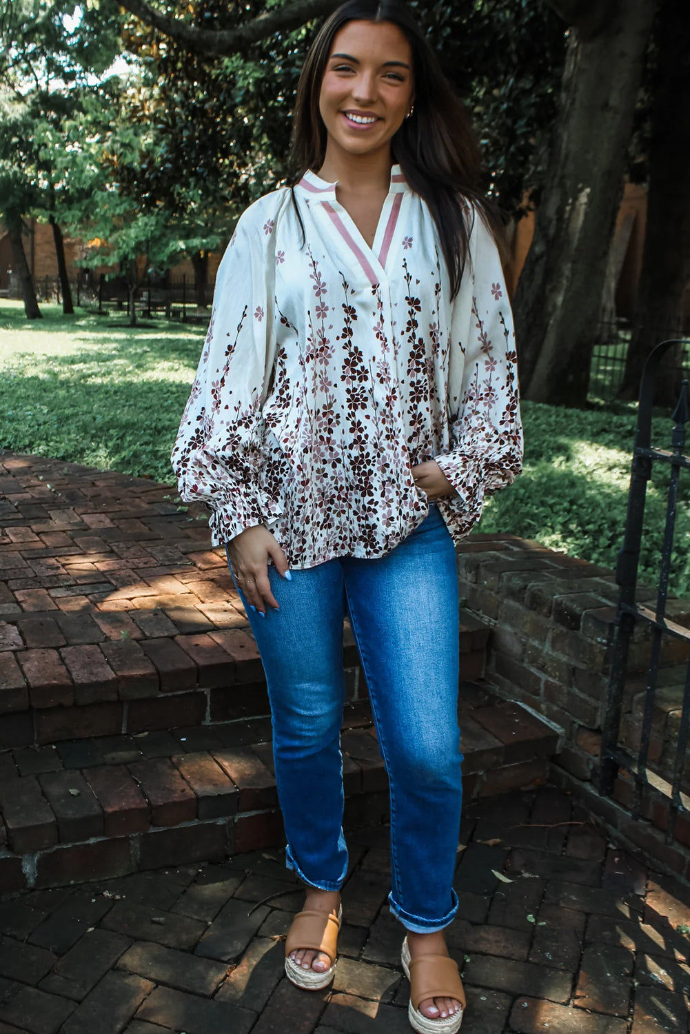 White Floral Print Long Puff Sleeve Striped Trim V Neck Blouse