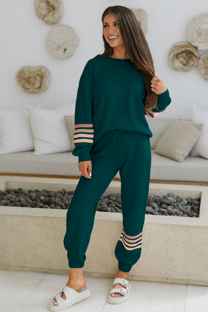 Sea Green Striped Drop Shoulder Round Neck Pullover and Jogger Pants Active Outfit