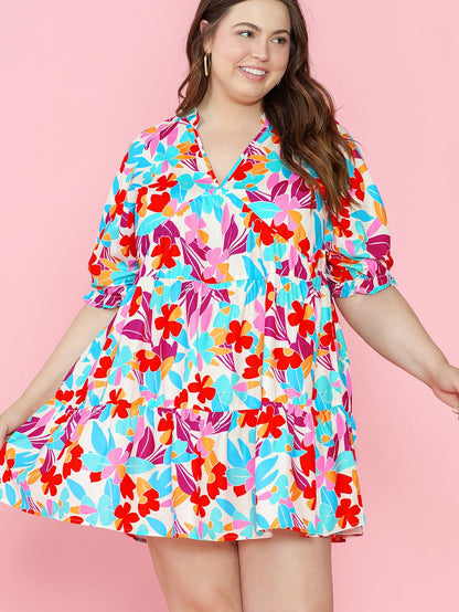 Multicolour Floral Tiered V Neck Plus Dress