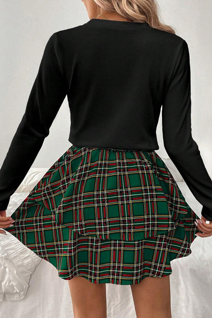 Green Long Sleeve Tee Plaid Bow Decor Ruffle Mini Skirt 2pcs Set