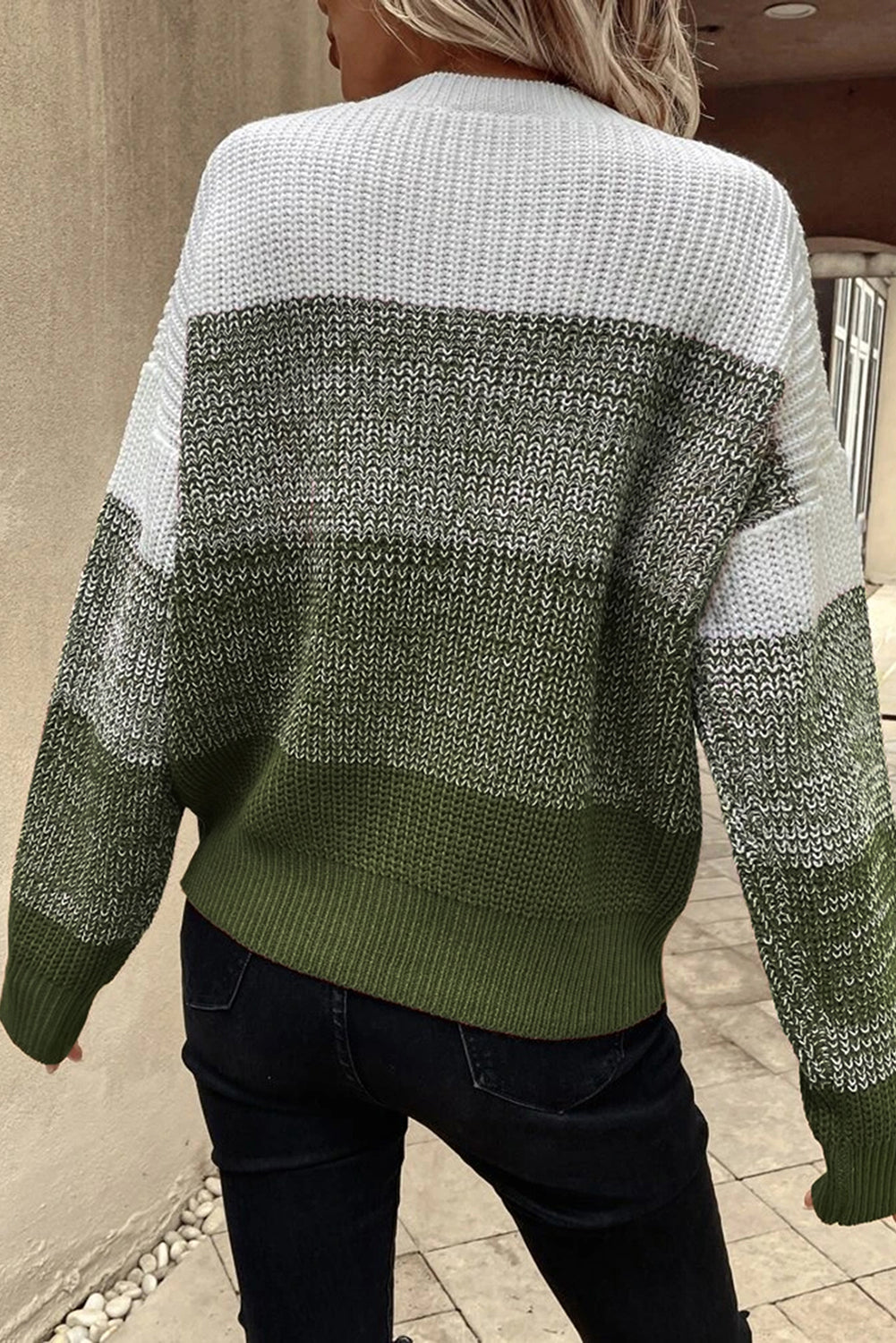 Green Gradient Color Block Round Neck Drop Shoulder Sweater with Ribbed Trim