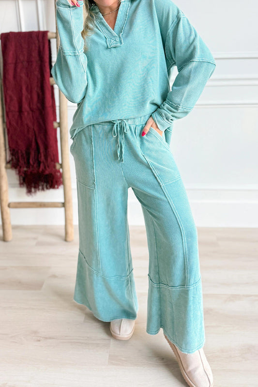 Lapis Mineral Wash Ribbed Patchwork V Neck Pullover Drawstring Pants 2pcs Outfit