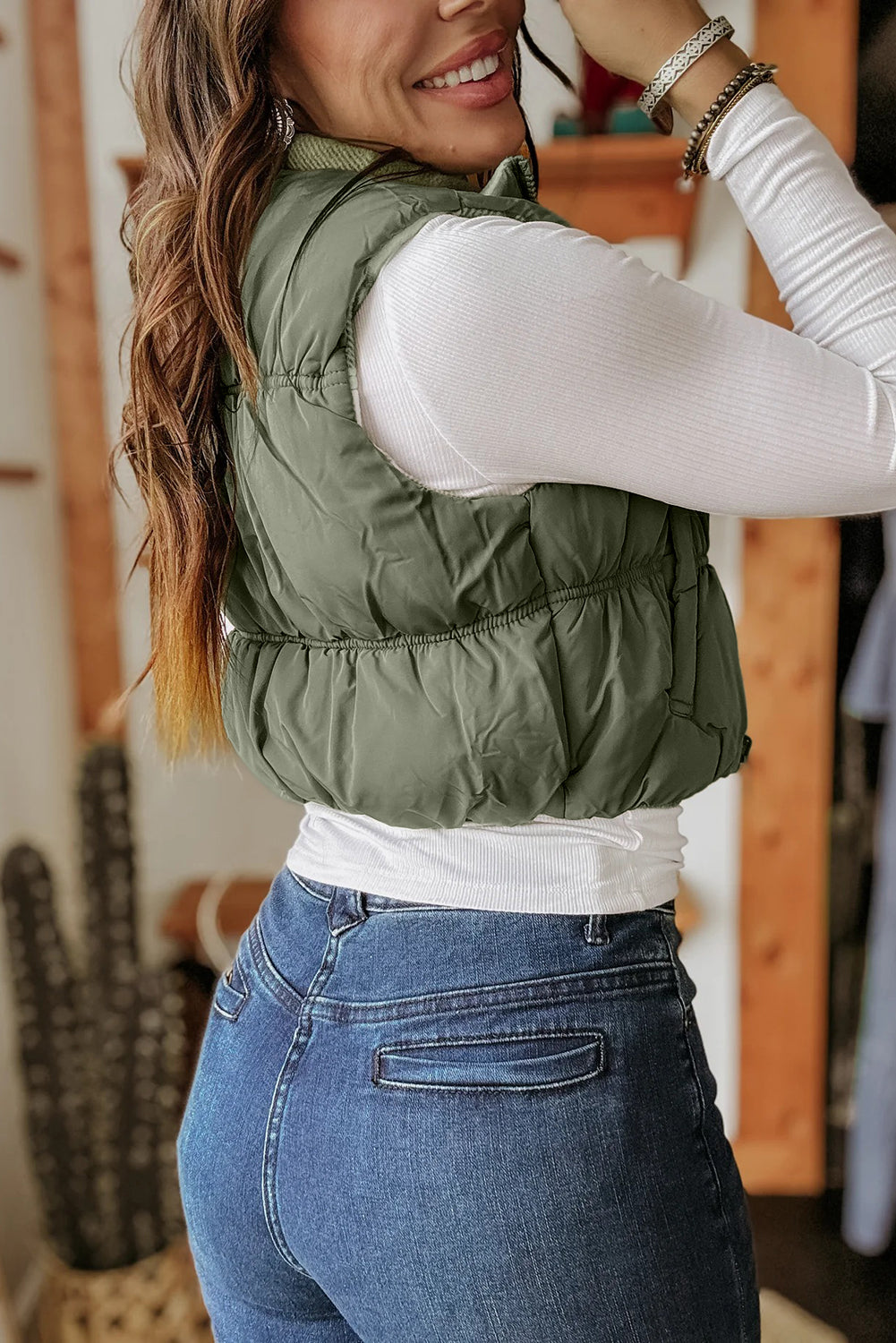 Laurel Green Inner Plaid Contrasted Zip Up Puffer Vest