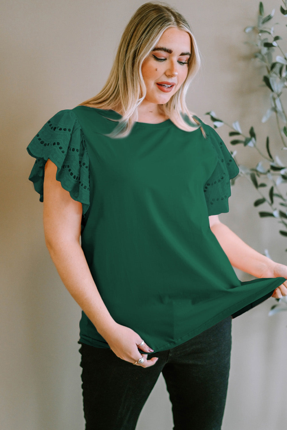 Green Eyelet Flutter Sleeve Plus Size Top