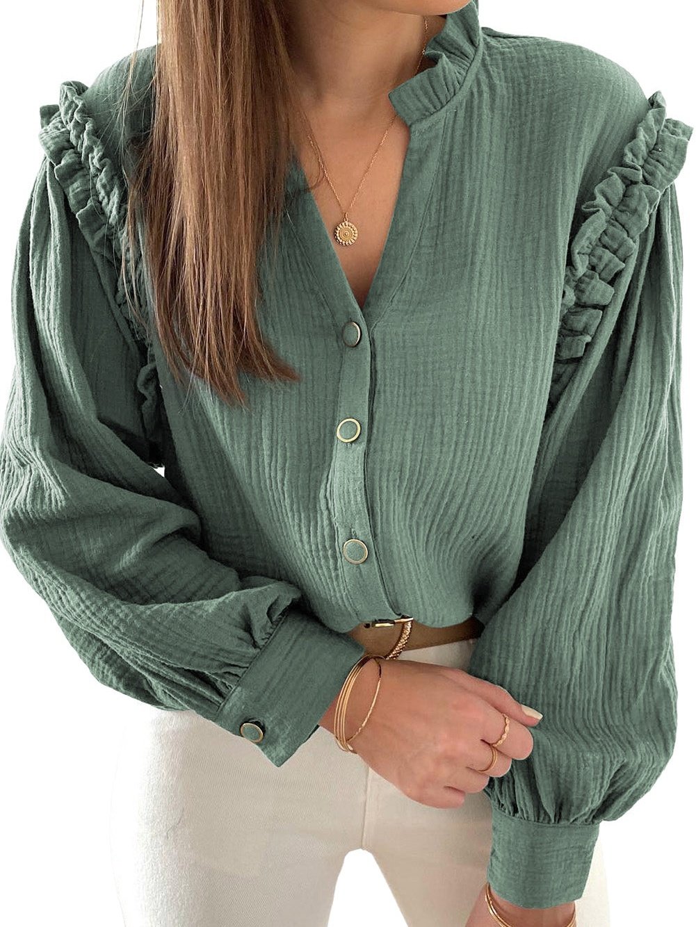 Green Crinkled Shirt with Frilled Split Neck
