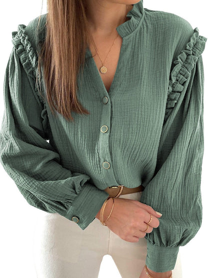 Green Crinkled Shirt with Frilled Split Neck