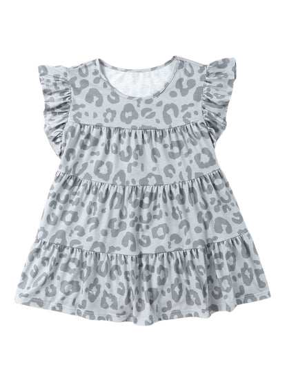 Gray Leopard Pattern Ruffle Sleeve Tiered Tank Top