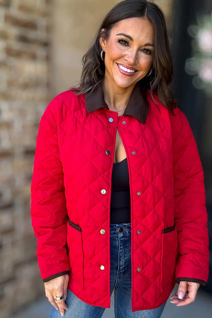 Racing Red Snap Button Quilted Color Block Collar Pocketed Winter Jacket