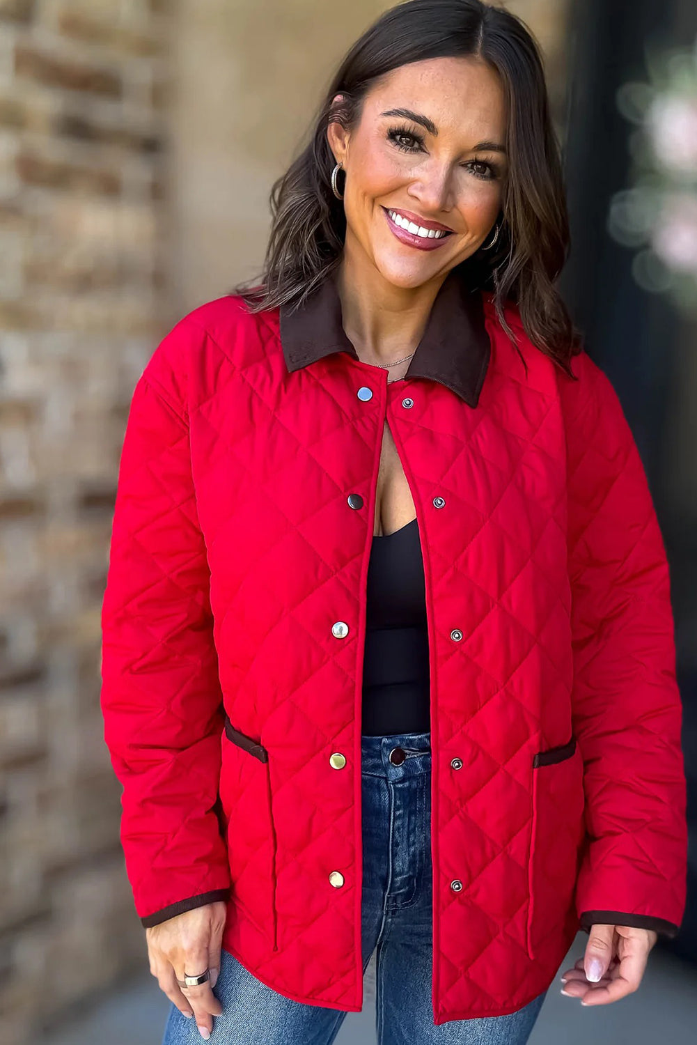 Racing Red Snap Button Quilted Color Block Collar Pocketed Winter Jacket