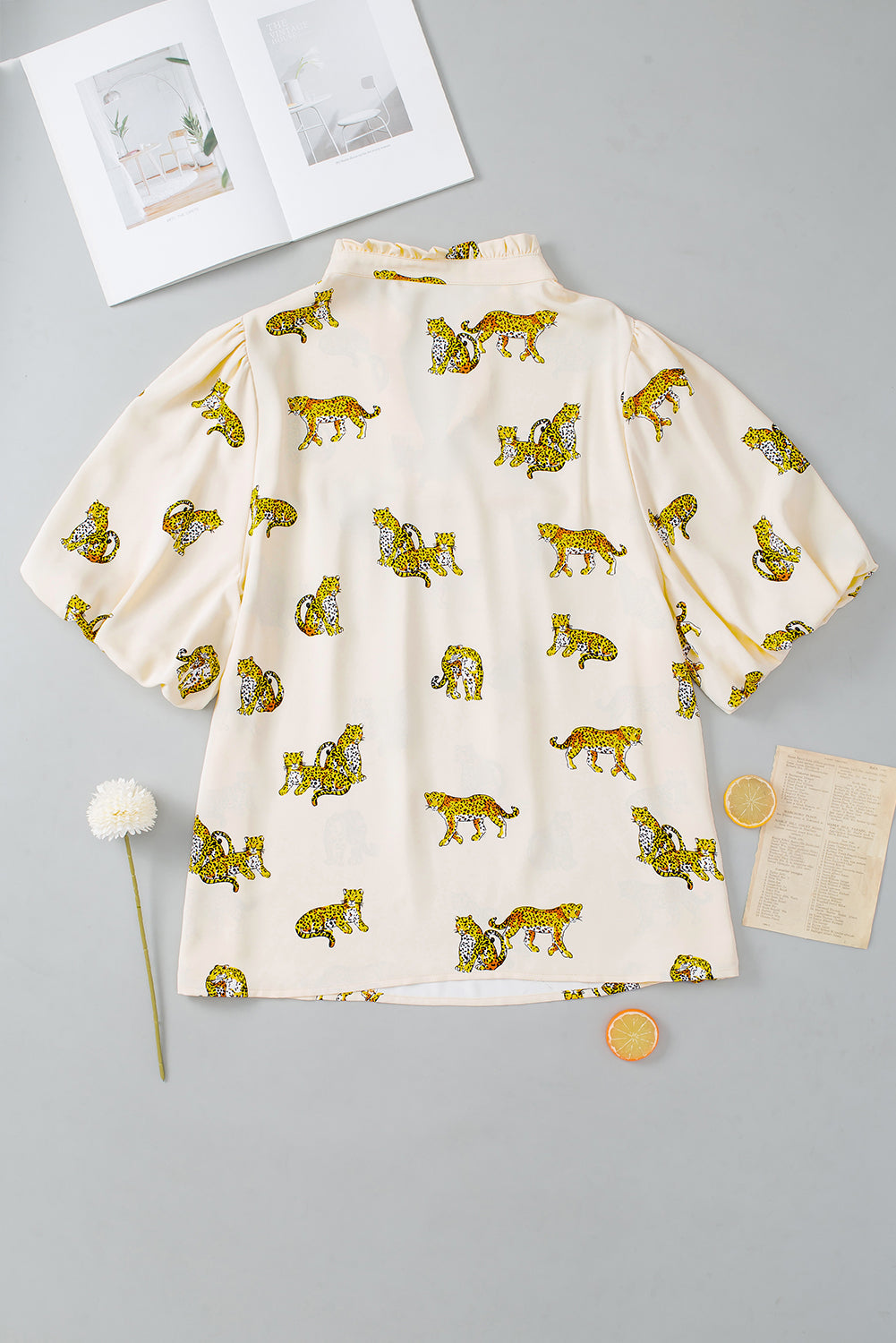 Wild Cheetah Print Beige Plus Size Puff Sleeve Blouse