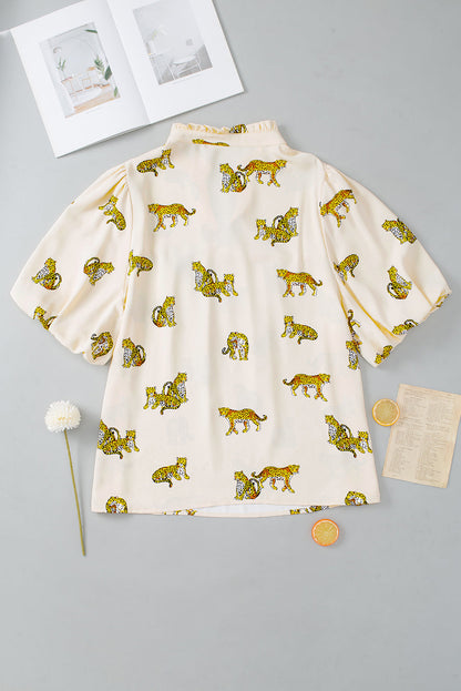 Wild Cheetah Print Beige Plus Size Puff Sleeve Blouse