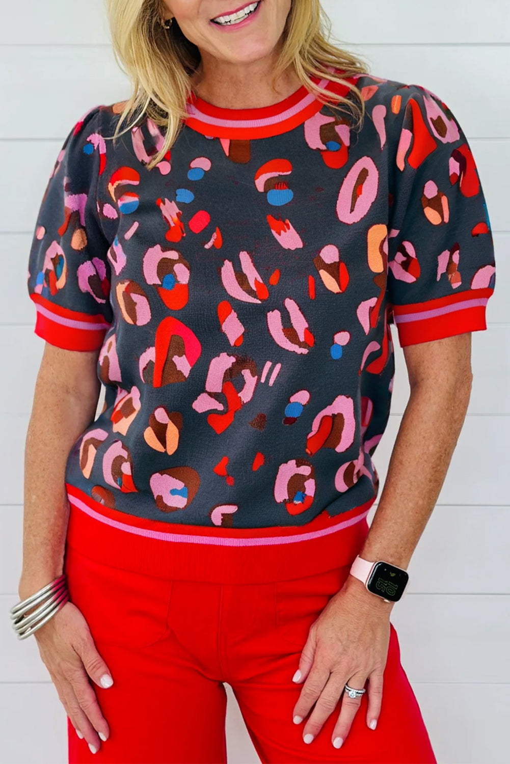 Gray Bold Leopard Print Striped Trim Round Neck Short Sleeve Sweater