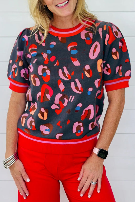 Gray Bold Leopard Print Striped Trim Round Neck Short Sleeve Sweater