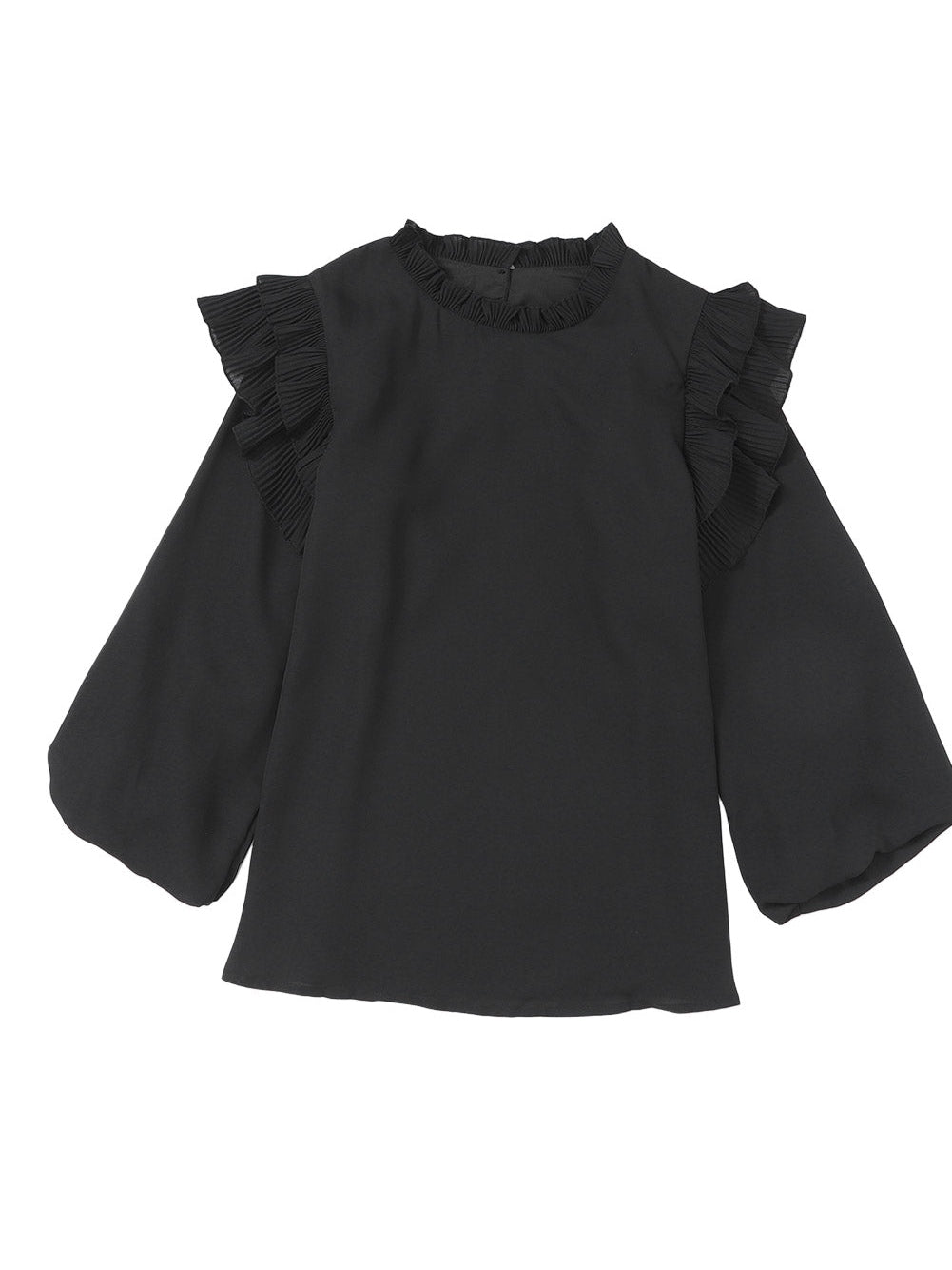 Elegant Black Ruffle Sleeve Keyhole Back Blouse