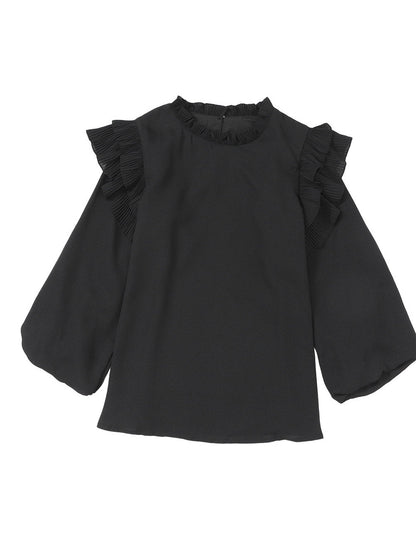 Elegant Black Ruffle Sleeve Keyhole Back Blouse