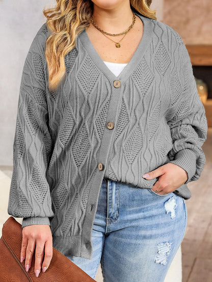 Cozy Gray Hollow Knit Plus Size Button-Up Cardigan