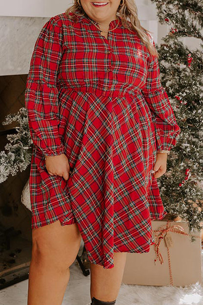 Red Plus Size Plaid Half Button Long Sleeve Holiday Dress