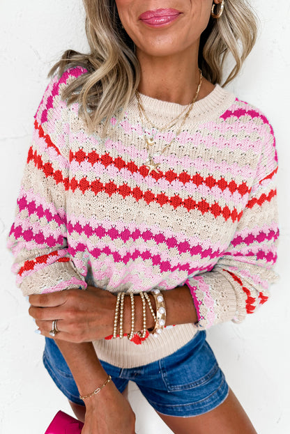 Pink Stripe Eyelet Patterned Drop Shoulder Sweater