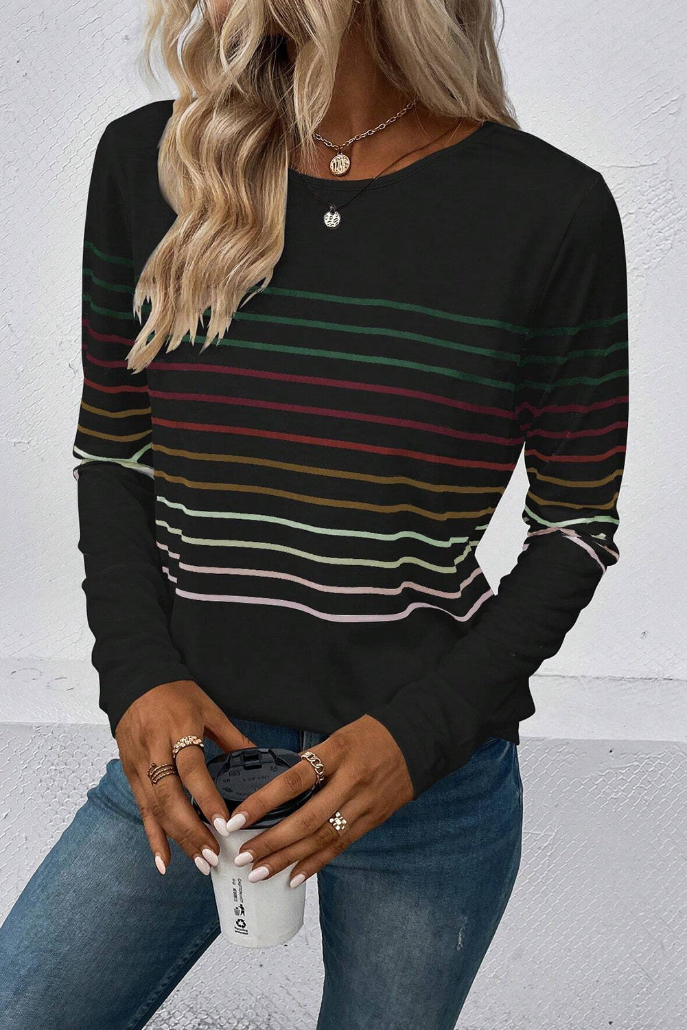 Black Colorful Striped Round Neck Long Sleeve Top
