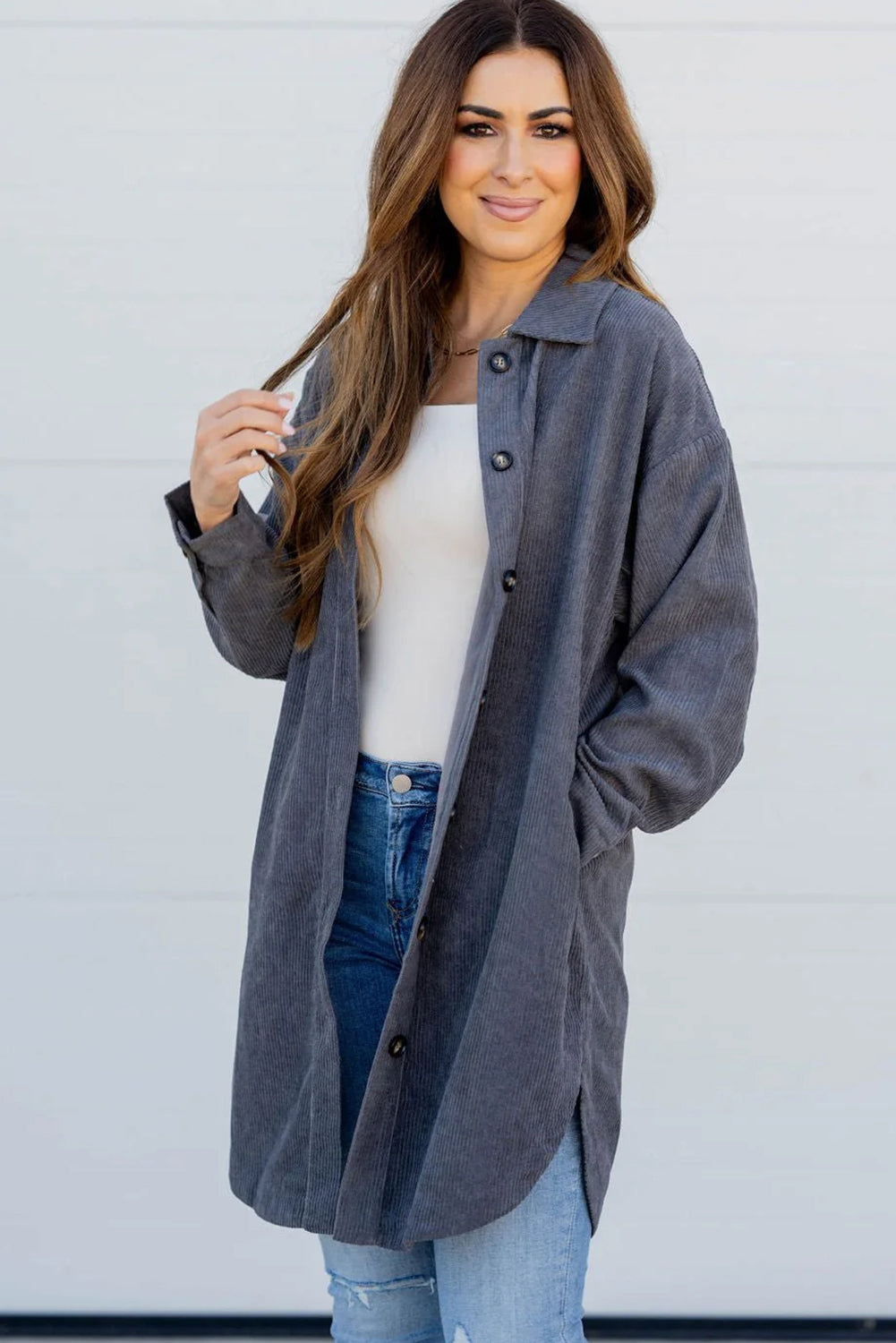 Dirty blue Corduroy Side Slit Oversize Shacket