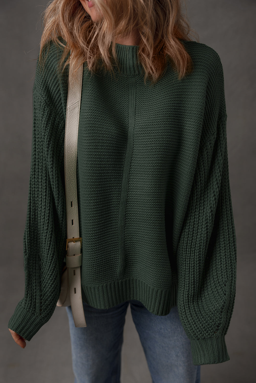 Mist Green Solid Color Front Seam Drop Shoulder Loose Sweater