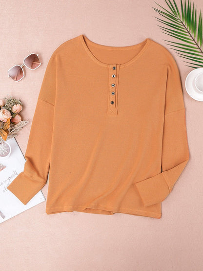 Elegant Black Waffle Knit Henley Top