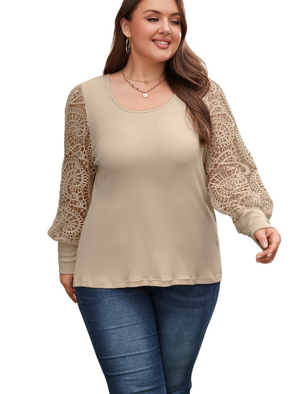 Lace Sleeve Ribbed Pullover with Square Neck