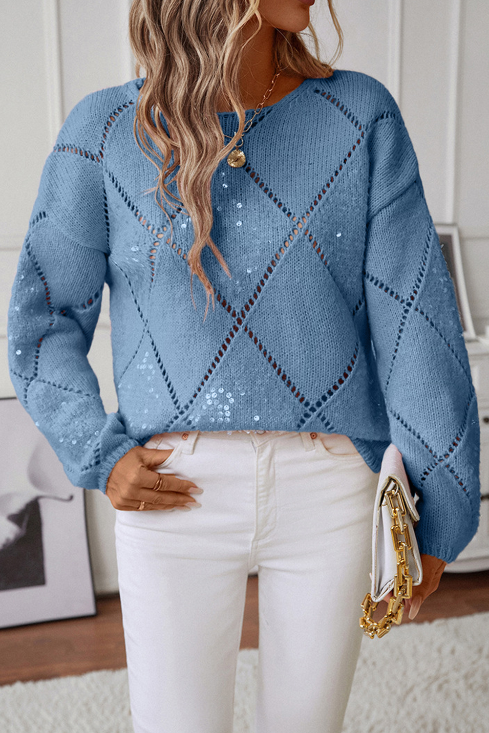 Dusk Blue Hollowed Rhombus Pattern Sequin Detail Round Neck Sweater