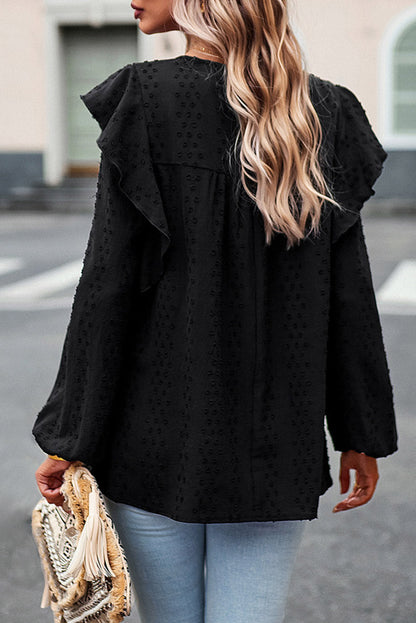 Elegant Black Lace Eyelet Ruffle Sleeve Blouse for Fall