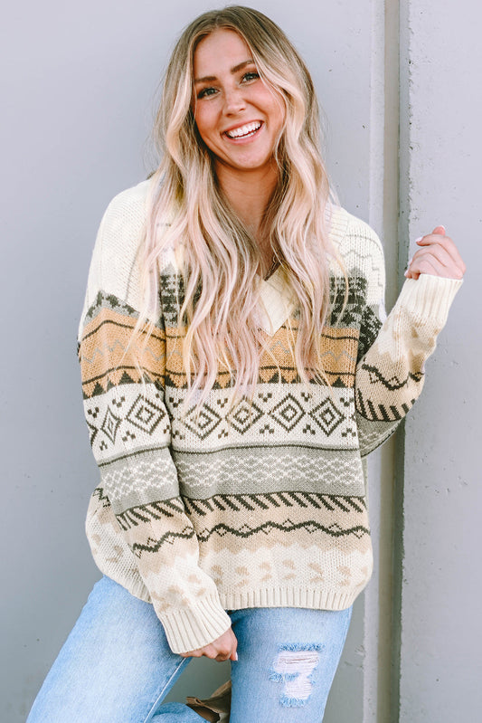 Khaki Aztec Print V Neck Sweater with Ribbed Texture