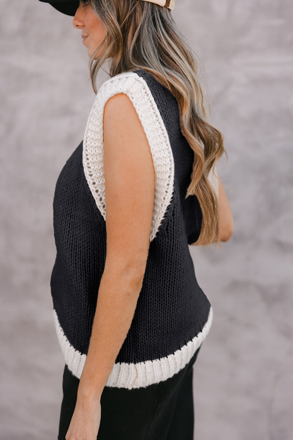 Navy Blue Woven Horseshoe Color Contrast Trim Sweater Vest