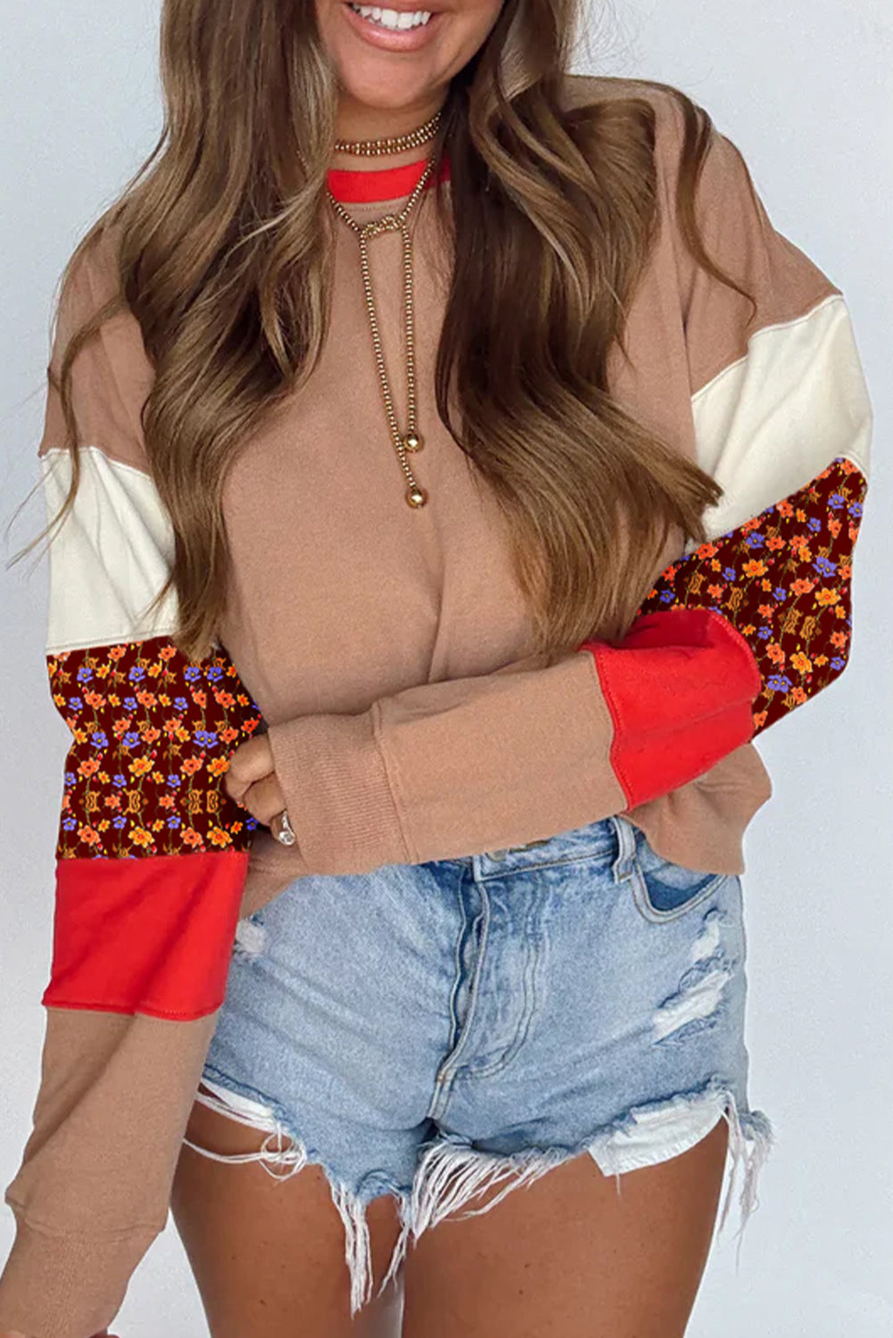 Smoke Gray Color Block Floral Patchwork Drop Shoulder Sweatshirt