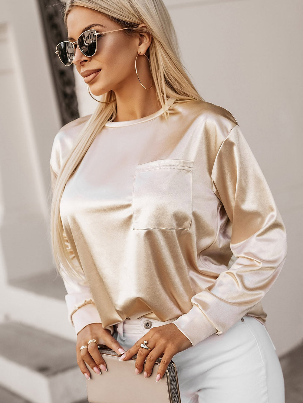 Glittery Apricot Satin Long Sleeve Top with Chest Pocket