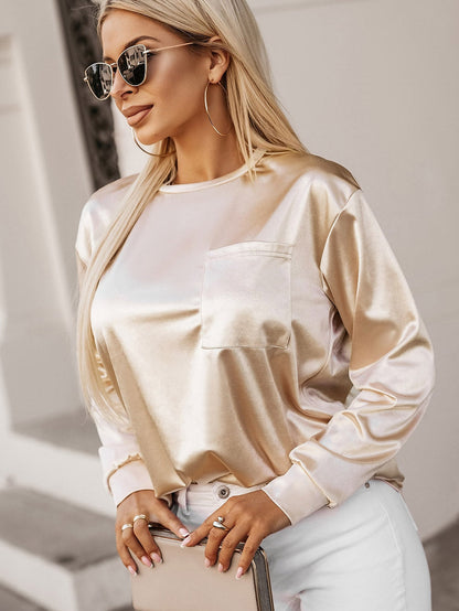 Glittery Apricot Satin Long Sleeve Top with Chest Pocket