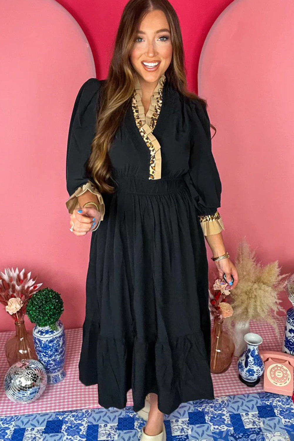 Black Contrast Frilled Trim V Neck 3/4 Ruffled Sleeve Flowy Midi Dress