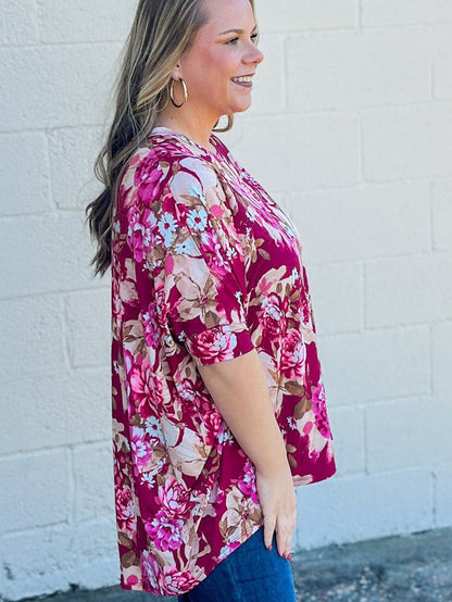 Red Floral Print Short Sleeve Plus Size Blouse