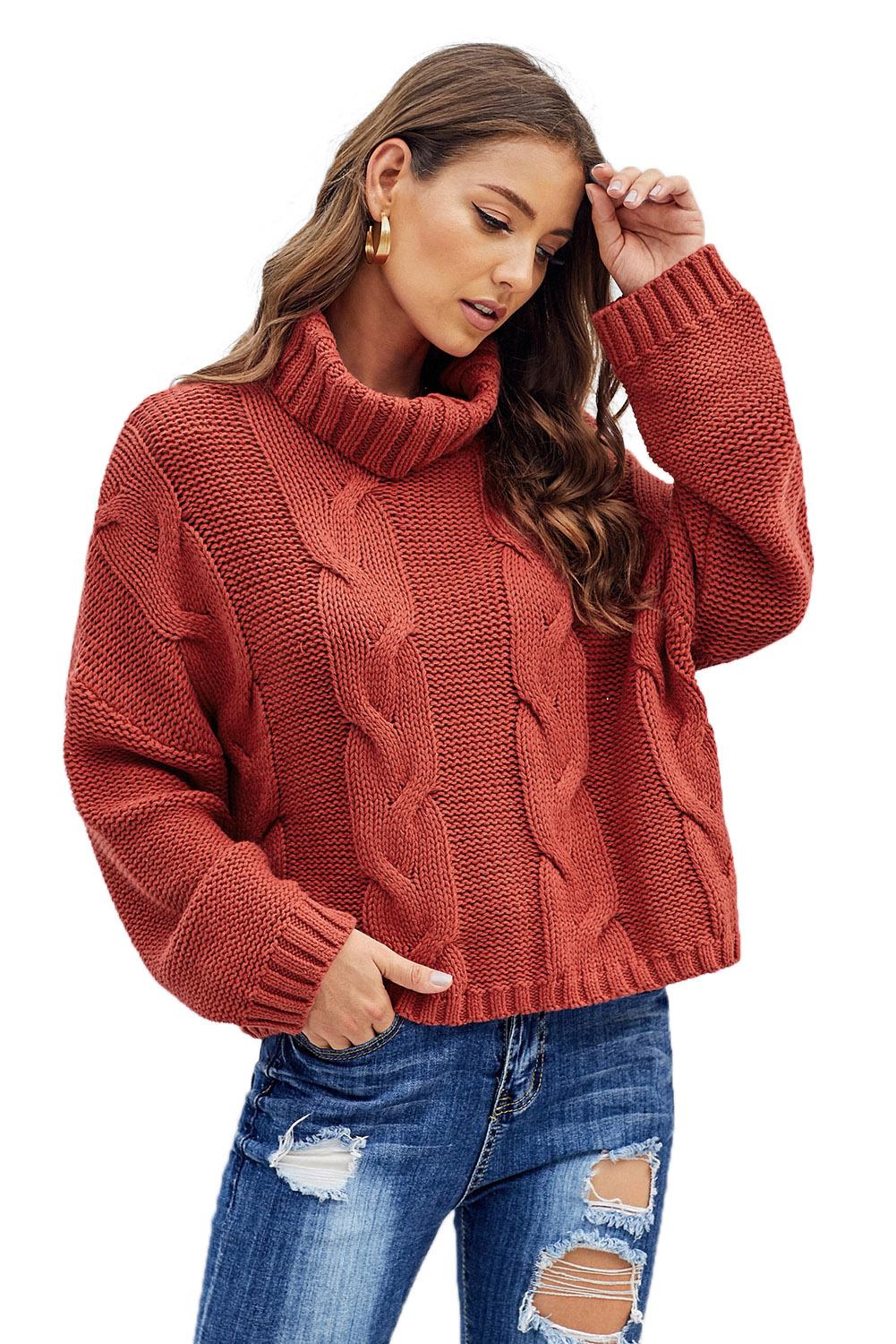 Fiery Red Cuddle Weather Cable Knit Handmade Turtleneck Sweater