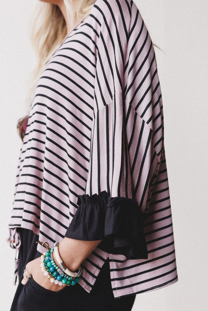 Black Striped Drop Shoulder 3/4 Ruffled Sleeve Loose Top and Ruffled Drawstring Pants 2pcs Outfit