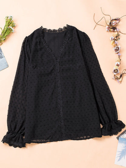 Elegant Swiss Dot Lace Detailed V-Neck Blouse