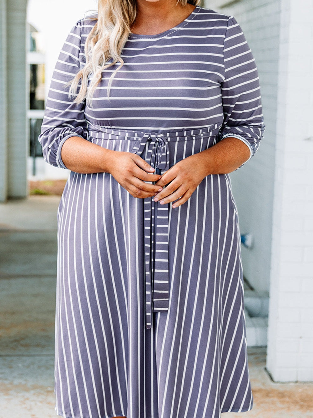 Elegant Gray Striped Tie Waist Midi Dress for Plus Size Women