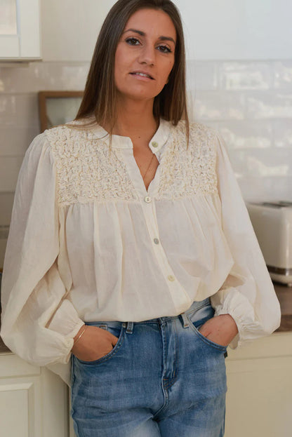 Beige Smocked Chest Elastic Cuffs Loose Sleeve Floaty Blouse