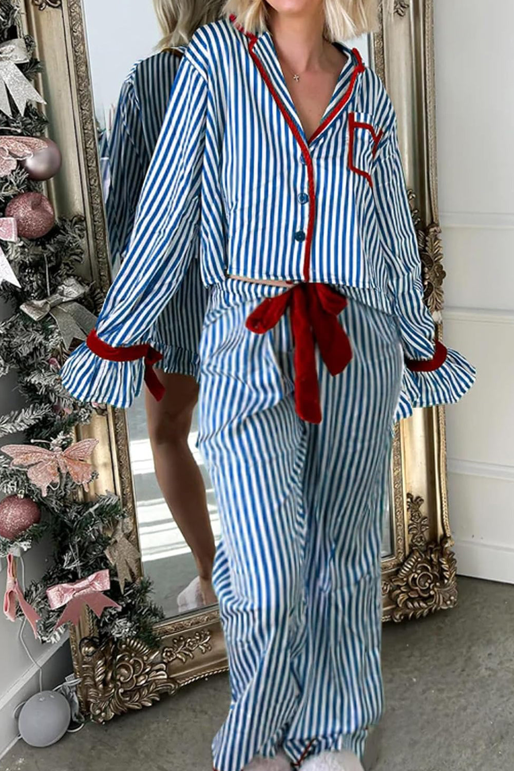 Blue Stripe Contrast Velvet Trim Bow Knot Waist 2pcs Pajama Set