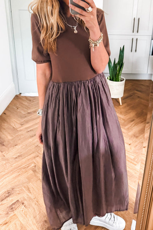 Coffee Short Sleeve Knit Top Patchwork Pleated Long Dress